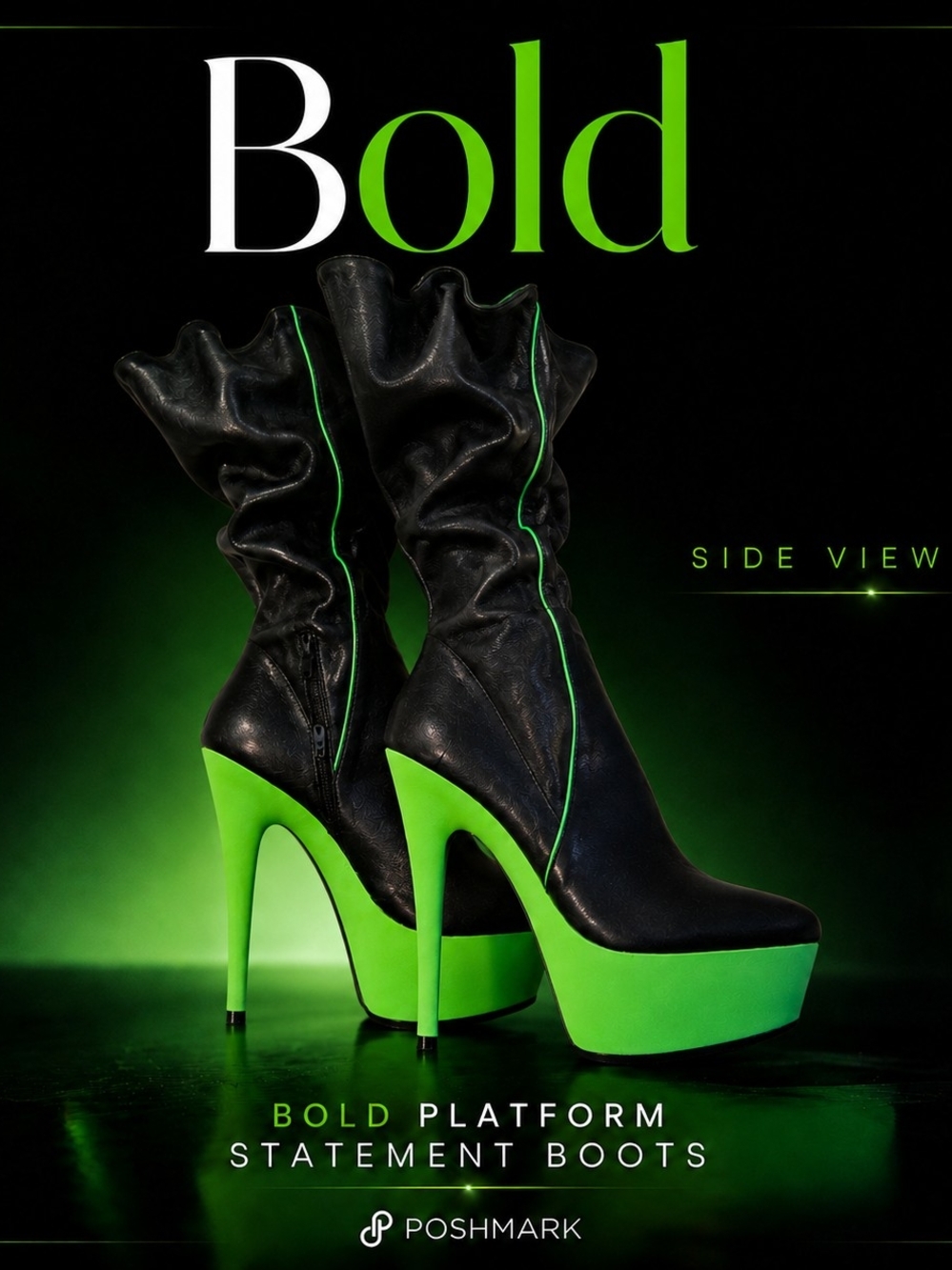 Women’s Black Boots with Neon Green Platform and Trim - Statement Heeled Boots